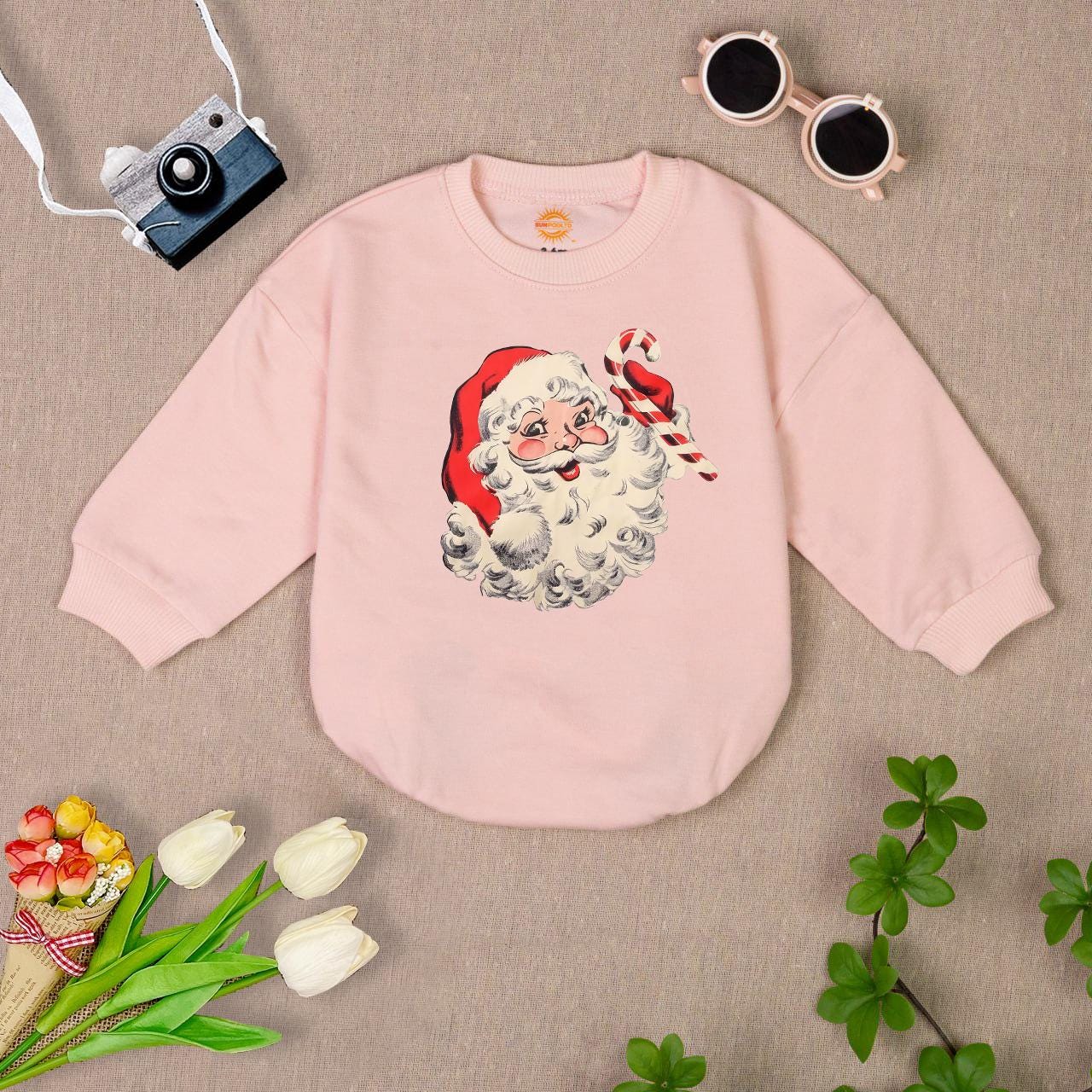 Vintage Santa Baby Romper Sweatshirt Newborn Christmas Outfit Holiday Infant Clothes Winter Baby Gift image 2