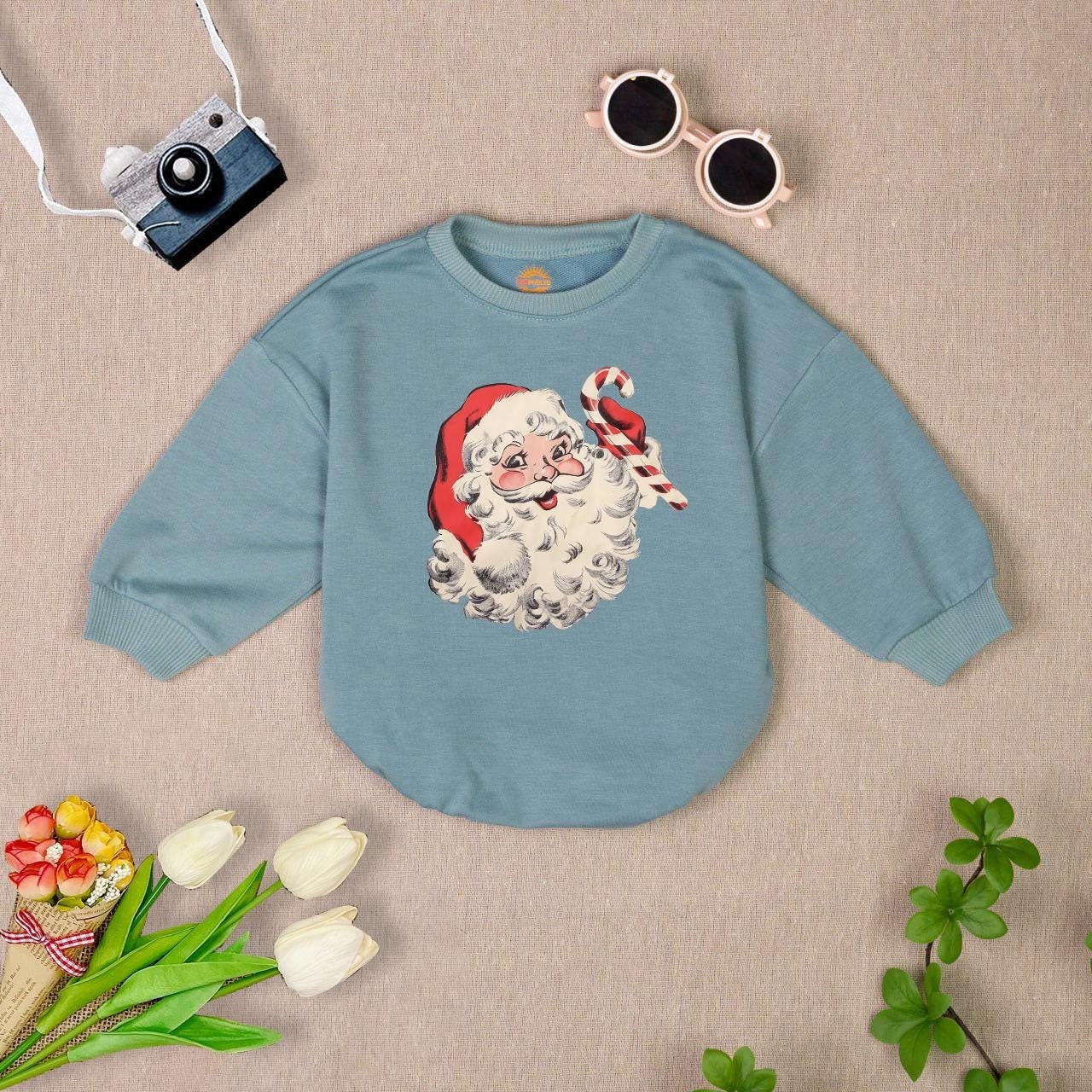 Vintage Santa Baby Romper Sweatshirt Newborn Christmas Outfit Holiday Infant Clothes Winter Baby Gift image 3