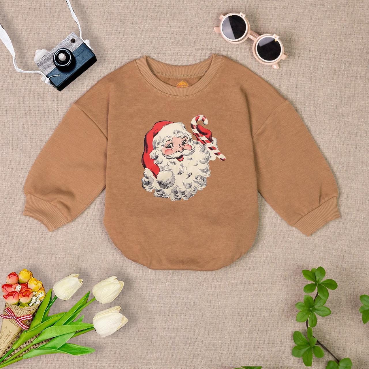 Vintage Santa Baby Romper Sweatshirt Newborn Christmas Outfit Holiday Infant Clothes Winter Baby Gift image 5