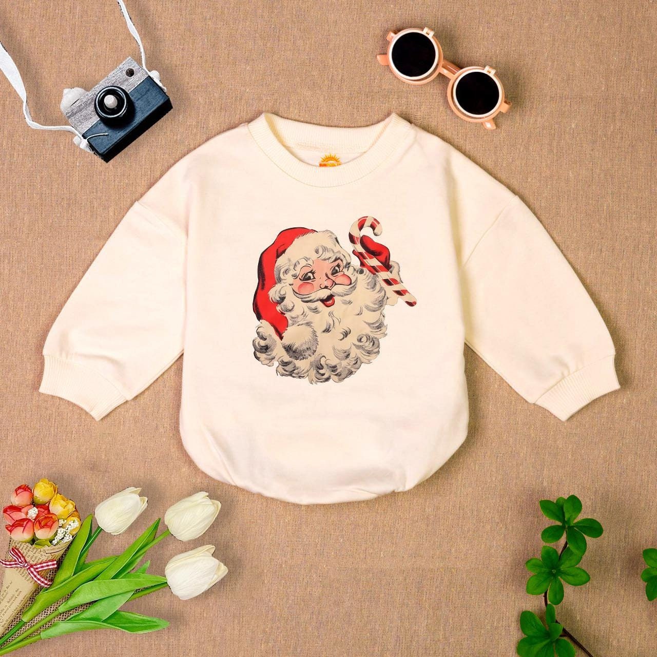 Vintage Santa Baby Romper Sweatshirt Newborn Christmas Outfit Holiday Infant Clothes Winter Baby Gift image 1