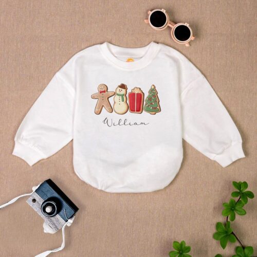 Personalized Christmas Baby Romper Bodysuit Santa Lights First Christmas Gift image 0