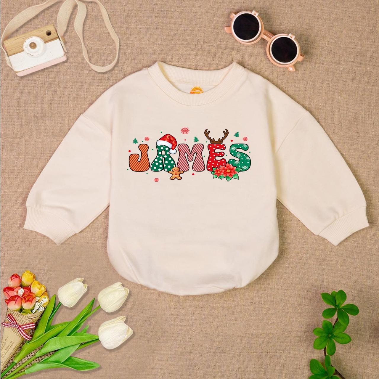 Personalized Christmas Baby Romper Sweater Custom Name Bodysuit First Christmas Outfit Baby Shower Gift image 1