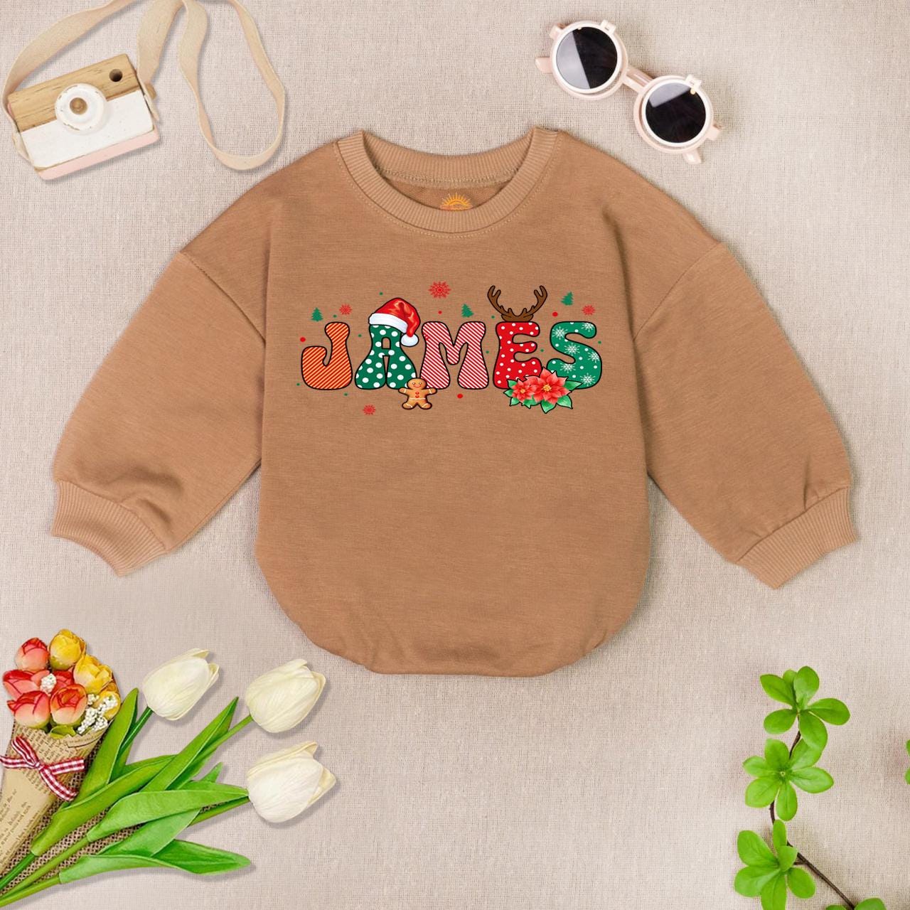 Personalized Christmas Baby Romper Sweater Custom Name Bodysuit First Christmas Outfit Baby Shower Gift image 3