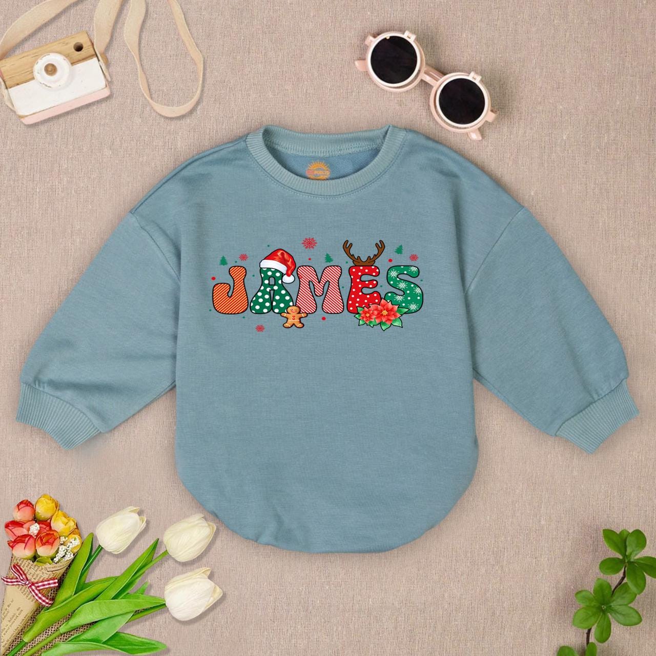 Personalized Christmas Baby Romper Sweater Custom Name Bodysuit First Christmas Outfit Baby Shower Gift image 6