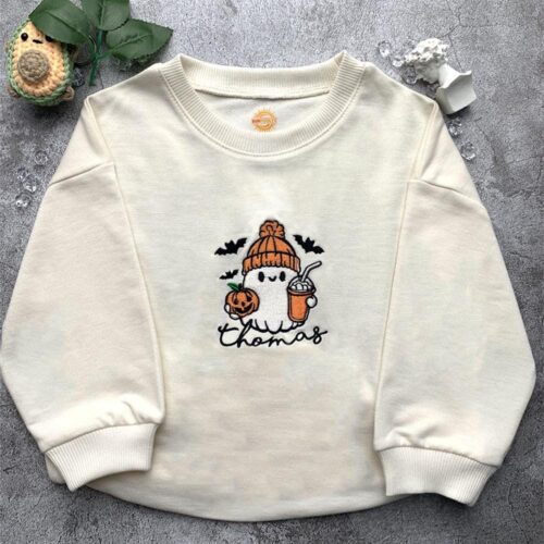 Personalized Halloween Baby Romper with Embroidered Ghost and Pumpkin Spice Latte Design image 0