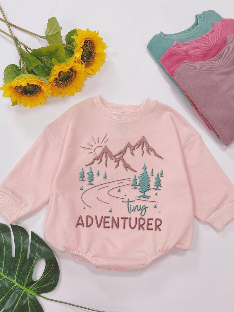 Tiny Adventurer Baby Romper Embroidered Adventure Outfit Travel Baby Gift Woodland Bodysuit image 1