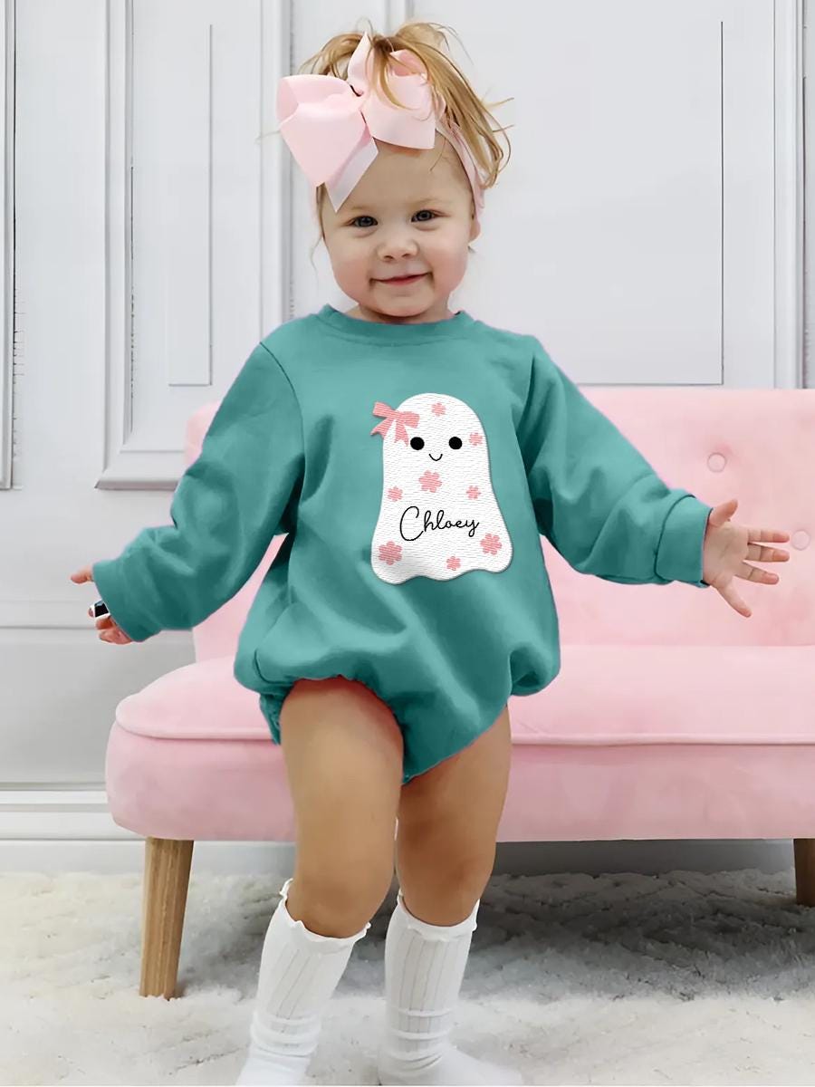 Personalized Halloween Baby Romper Cute Ghost Bodysuit Fall Baby Outfit Custom Name Embroidery image 4