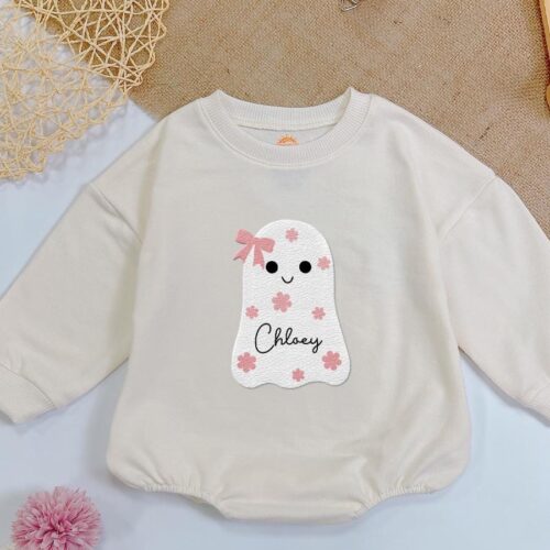 Personalized Halloween Baby Romper Cute Ghost Bodysuit Fall Baby Outfit Custom Name Embroidery image 0