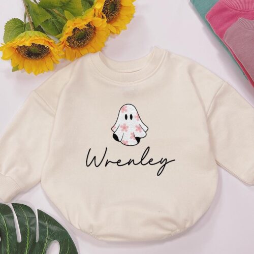 Personalized Floral Ghost Baby Romper Halloween Baby Bodysuit Fall Outfit Baby Shower Gift image 0