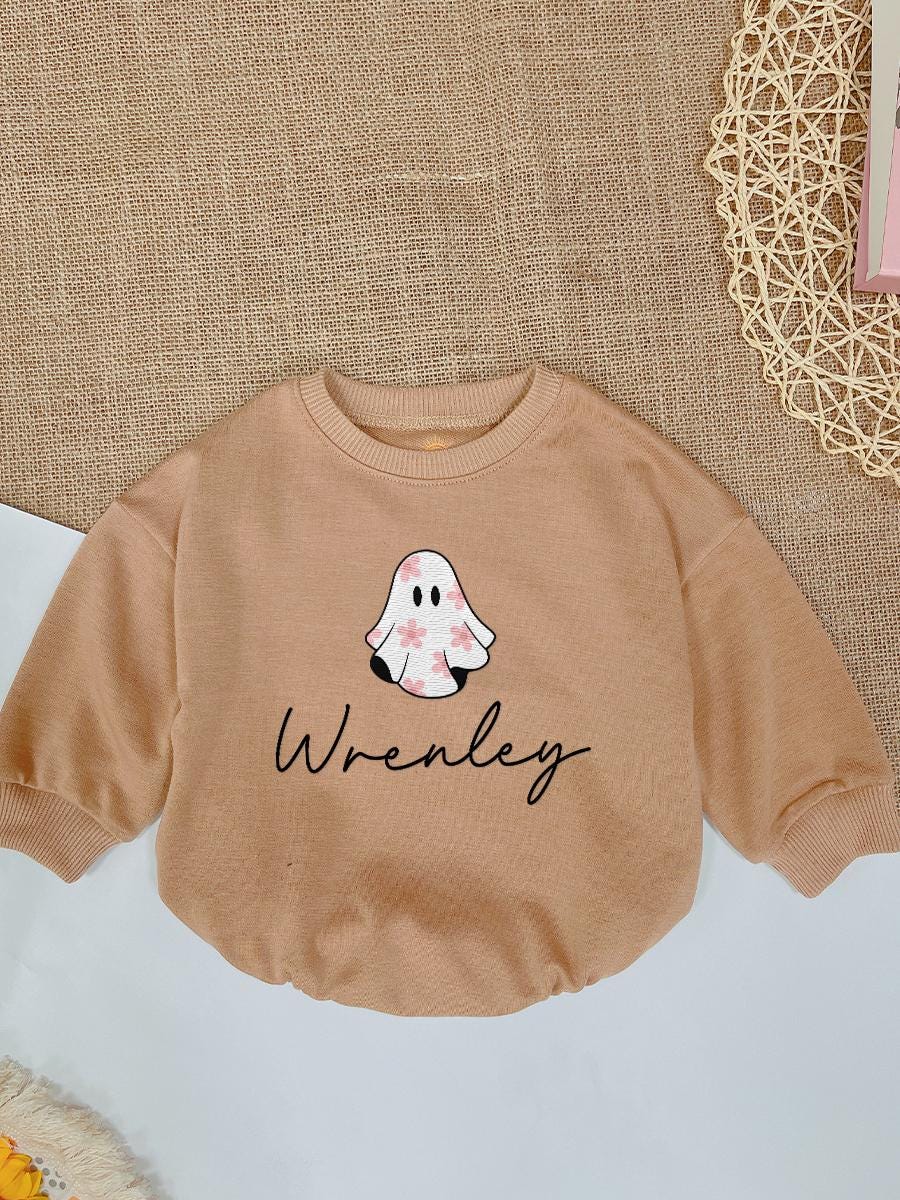 Personalized Floral Ghost Baby Romper Halloween Baby Bodysuit Fall Outfit Baby Shower Gift image 1