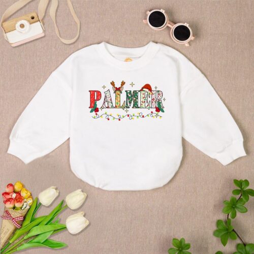 Personalized Christmas Baby Romper Reindeer Bodysuit First Holiday Outfit Custom Baby Sweater image 0