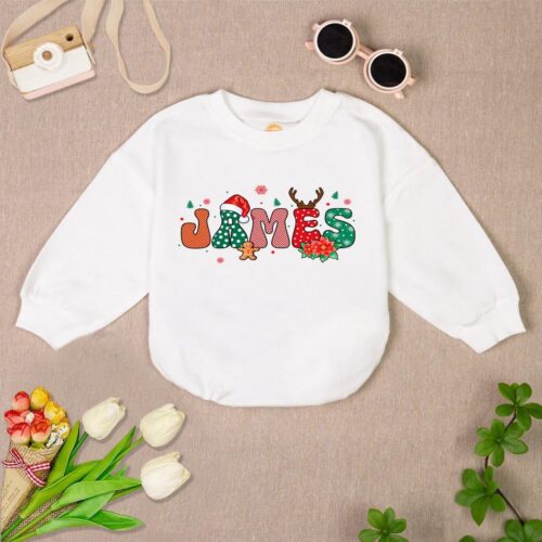 Personalized Christmas Baby Romper Sweater Custom Name Bodysuit First Christmas Outfit Baby Shower Gift image 0