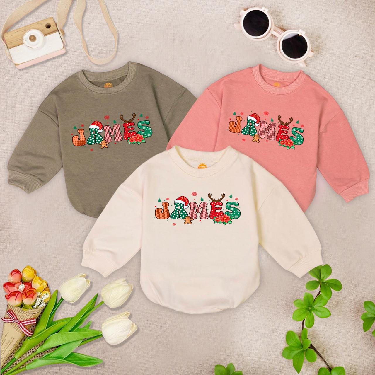 Personalized Christmas Baby Romper Sweater Custom Name Bodysuit First Christmas Outfit Baby Shower Gift image 2