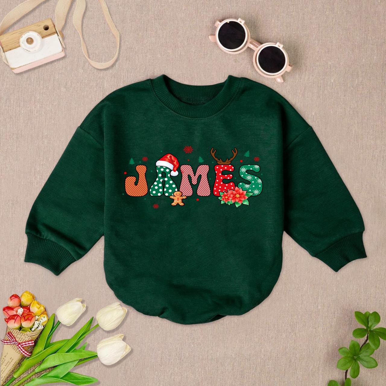 Personalized Christmas Baby Romper Sweater Custom Name Bodysuit First Christmas Outfit Baby Shower Gift image 7