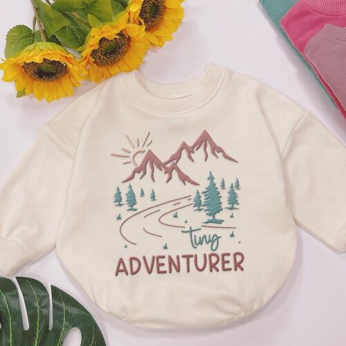 Tiny Adventurer Baby Romper Embroidered Adventure Outfit Travel Baby Gift Woodland Bodysuit image 0