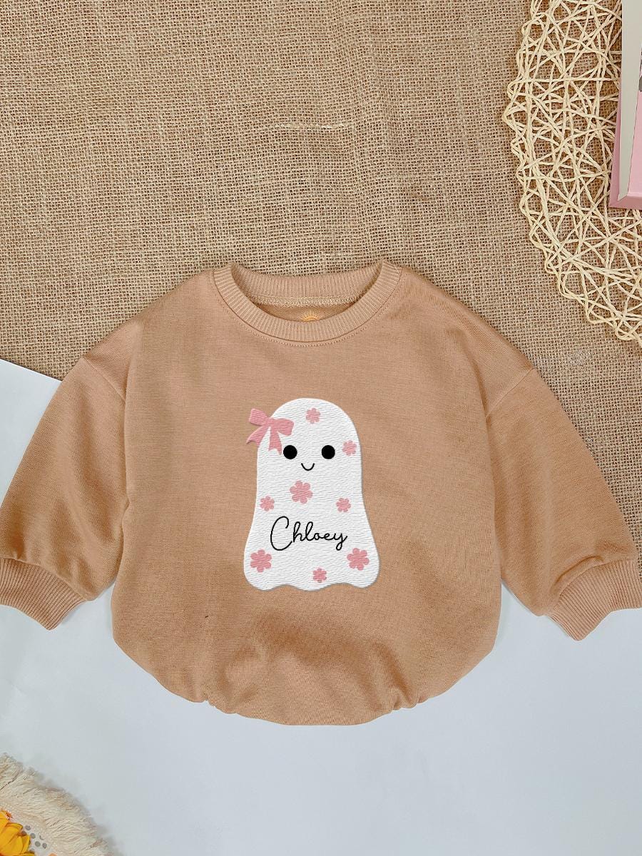 Personalized Halloween Baby Romper Cute Ghost Bodysuit Fall Baby Outfit Custom Name Embroidery image 2