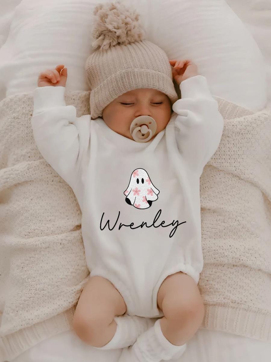 Personalized Floral Ghost Baby Romper Halloween Baby Bodysuit Fall Outfit Baby Shower Gift image 3