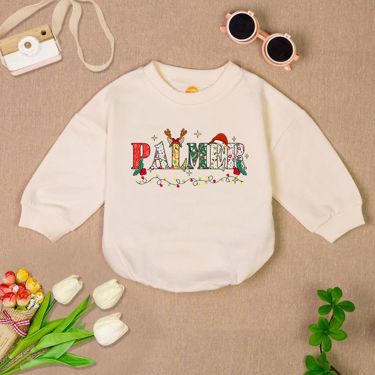 Personalized Christmas Baby Romper Reindeer Bodysuit First Holiday Outfit Custom Baby Sweater image 1