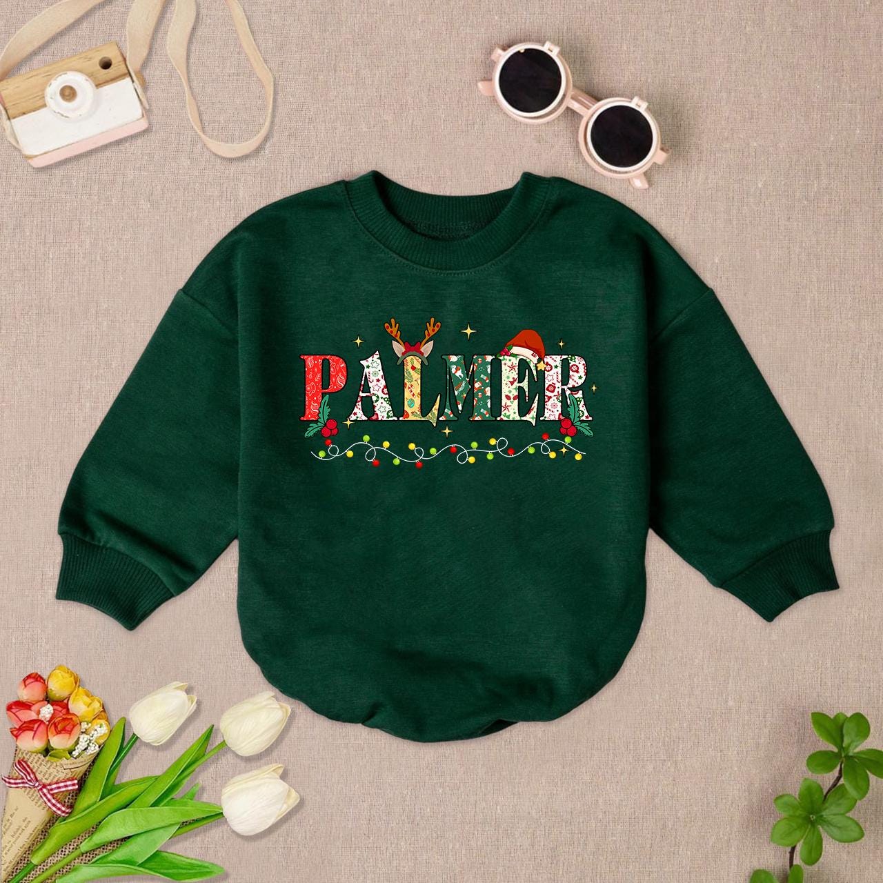 Personalized Christmas Baby Romper Reindeer Bodysuit First Holiday Outfit Custom Baby Sweater image 2