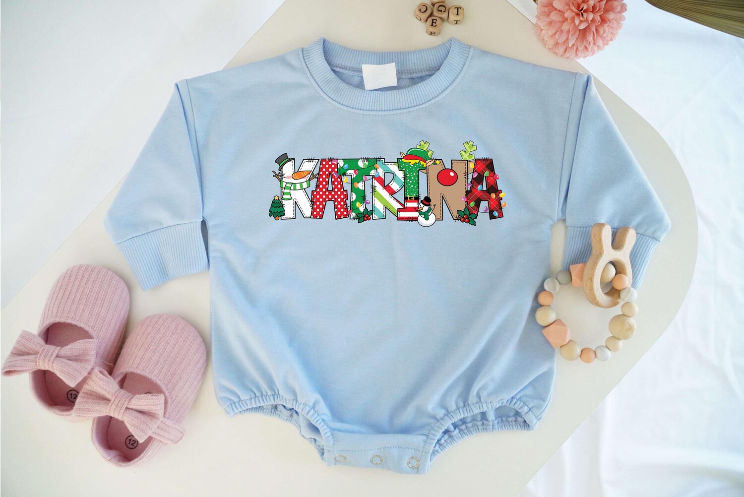 Personalized Christmas Baby Bodysuit Santa Toddler Sweatshirt Festive Bubble Romper Outfit image 2