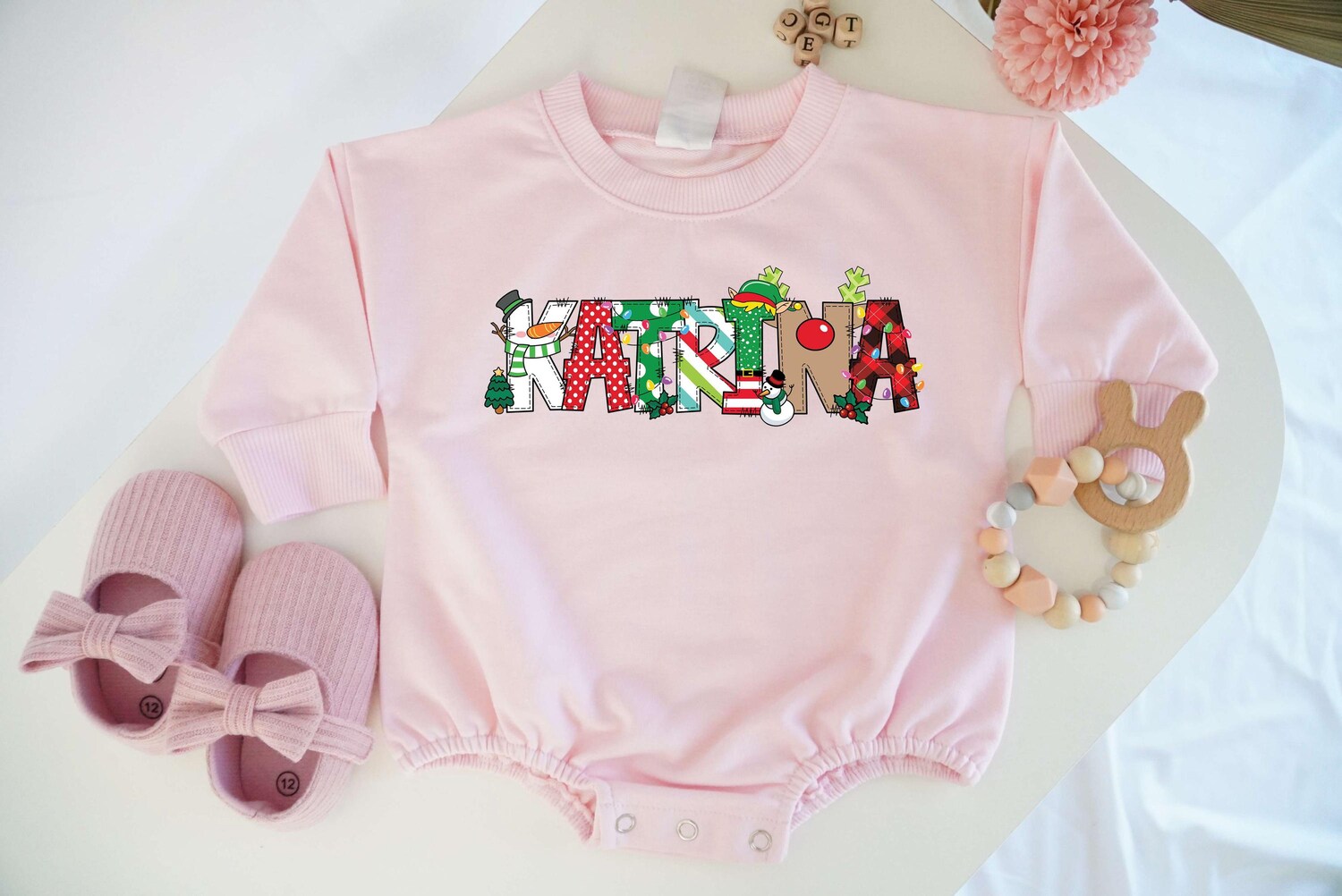 Personalized Christmas Baby Bodysuit Santa Toddler Sweatshirt Festive Bubble Romper Outfit image 1