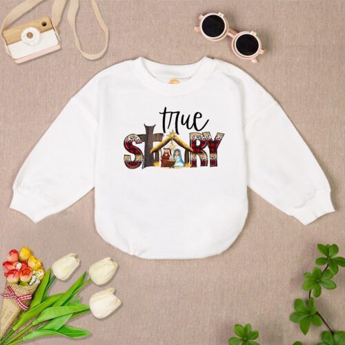 True Story Baby Romper Sweater Christian Christmas Bodysuit Jesus Coquette Baby Romper image 0